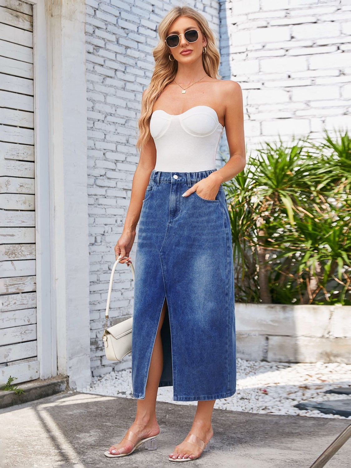 Slit Midi Denim Skirt with Pockets - Thandynie