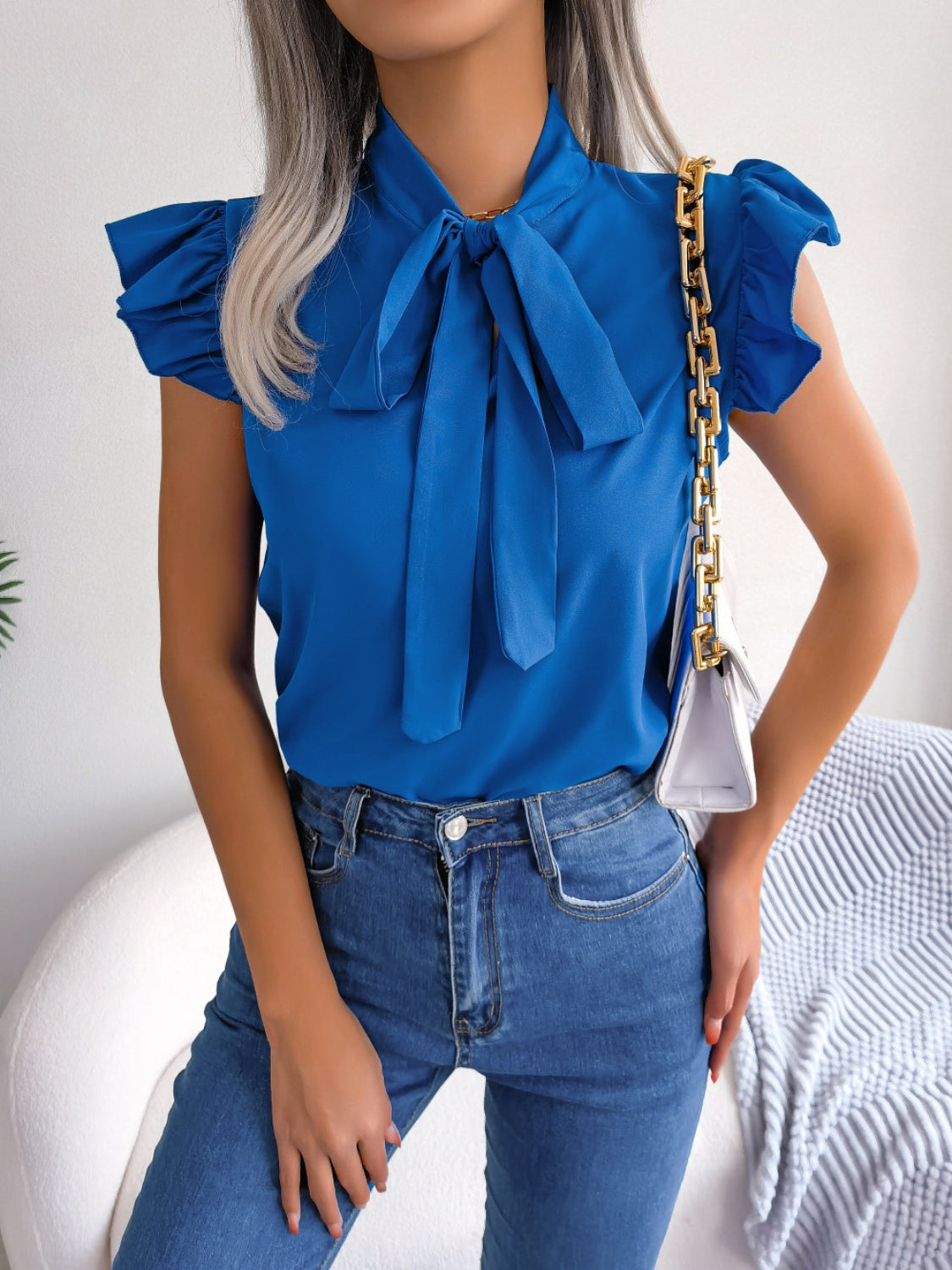 Tie Neck Cap Sleeve Blouse - Thandynie