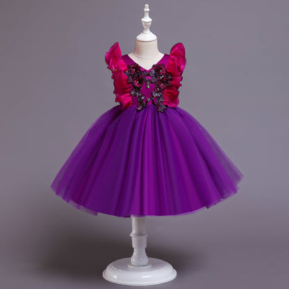 V-neck ruffled girl dress Purple