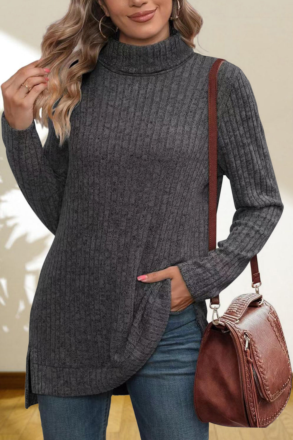 Turtleneck High Low Top Charcoal