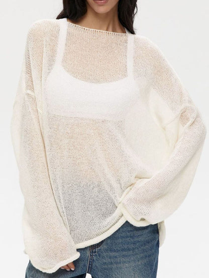 Boat Neck Long Sleeve Knit Cover Up Cream