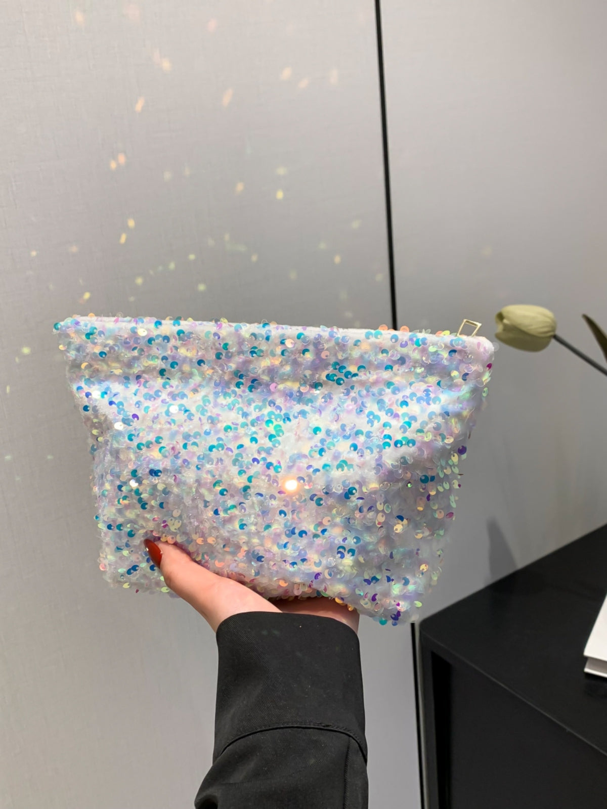 Sequin Clutch with Zipper White One Size