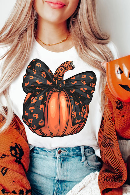 White Halloween Bowknot Pumpkin Graphic Crewneck T Shirt White 62%Polyester+32%Cotton+6%Elastane