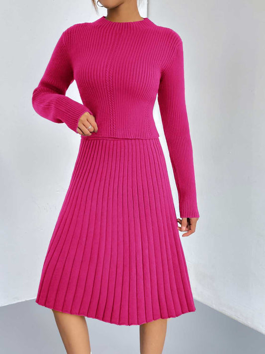 Rib-Knit Sweater and Skirt Set Hot Pink