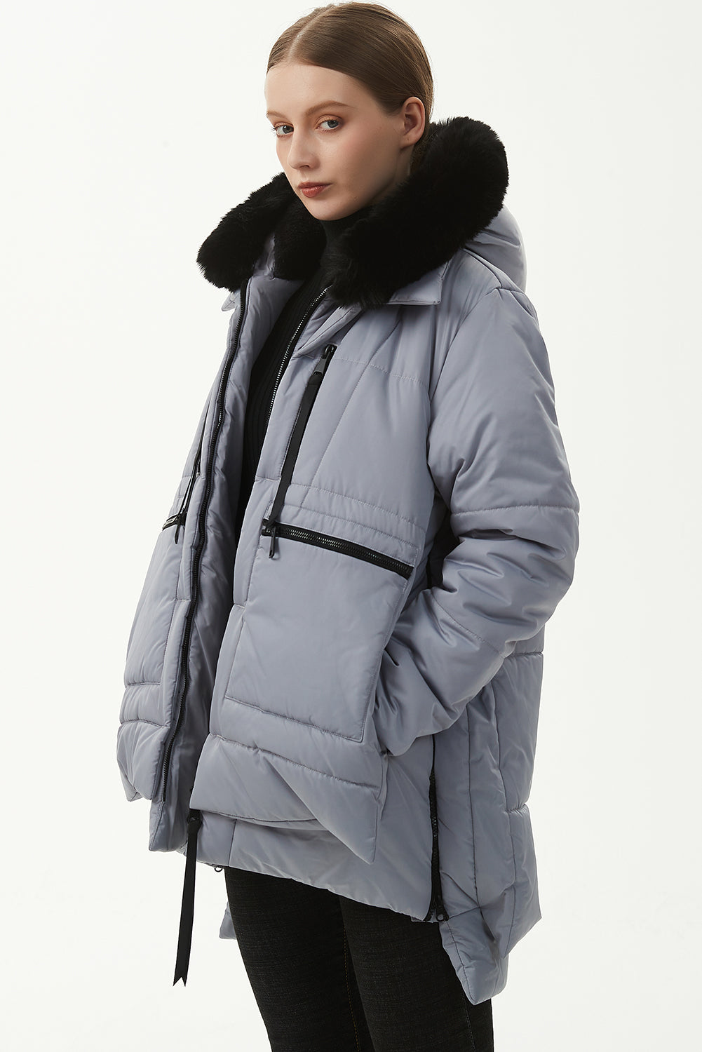 Light Grey Plush Linen Zip Up Hooded Puffer Coat