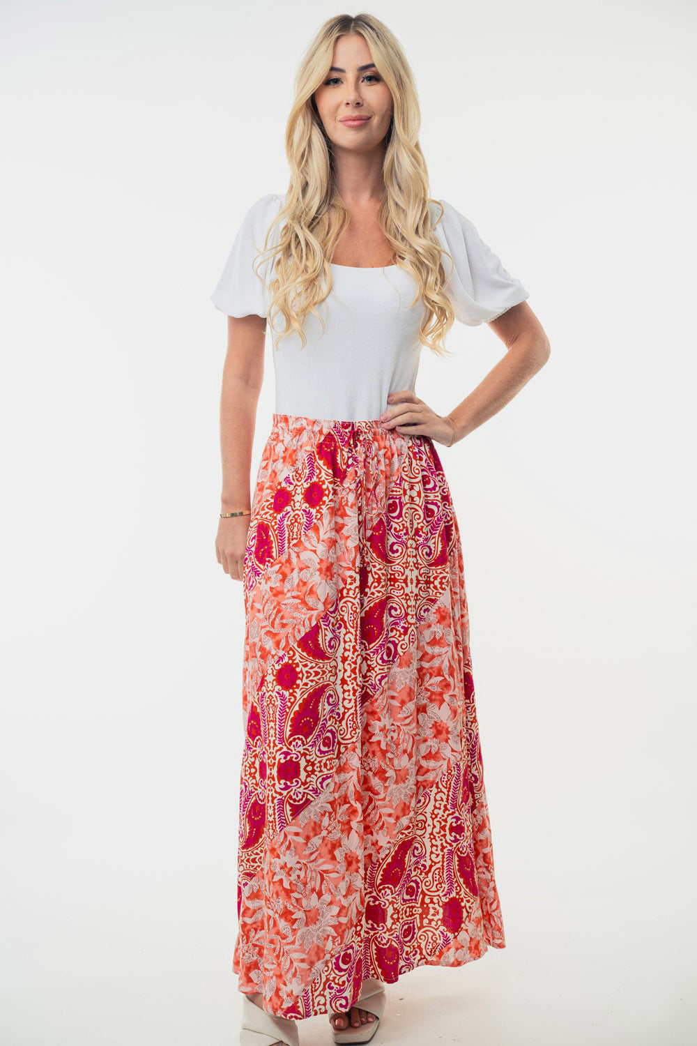 White Birch Full Size High Waisted Floral Woven Skirt Orange