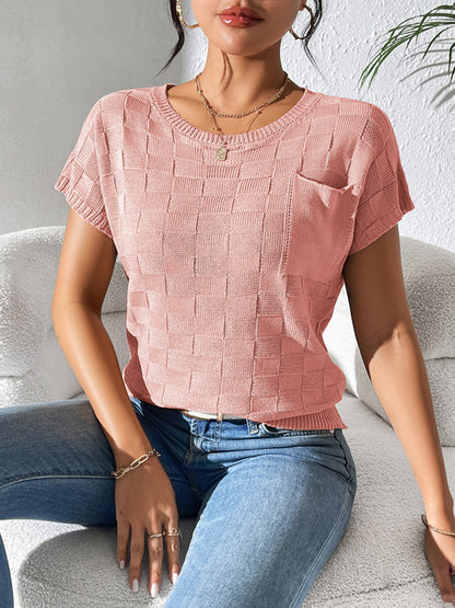 Round Neck Short Sleeve Knit Top Dusty Pink