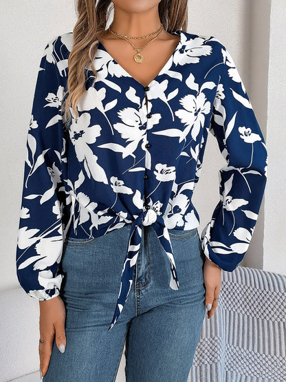 Printed V-Neck Long Sleeve Blouse Navy