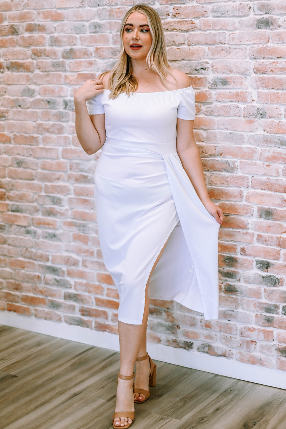 Off-Shoulder Short Sleeve Split Dress White