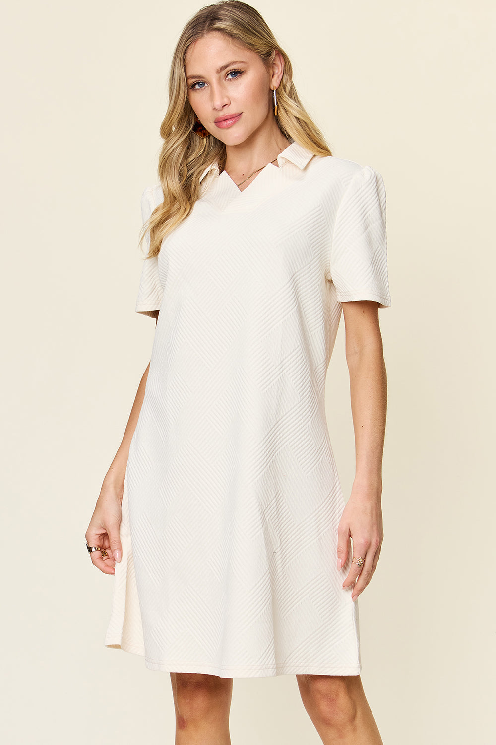 Double Take Full Size Texture Collared Neck Short Sleeve Dress White