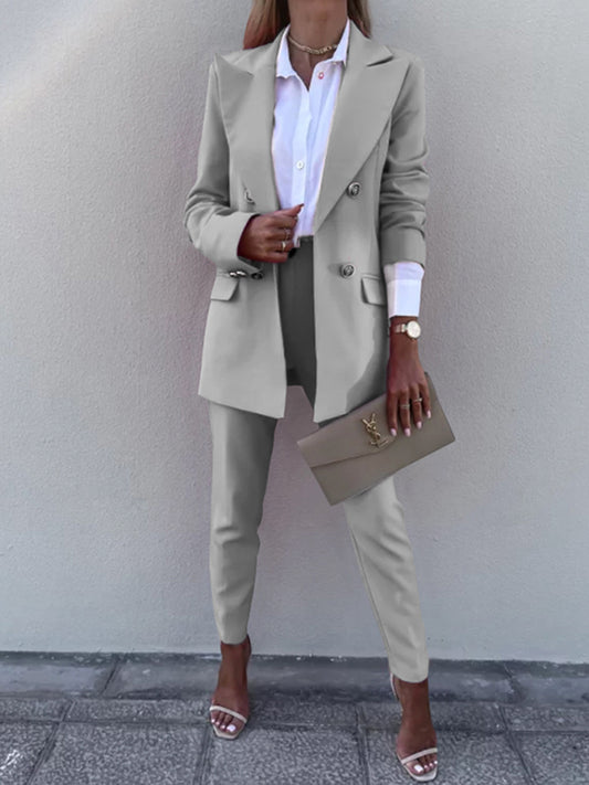 Lapel Collar Long Sleeve Blazer and Pants Set Charcoal