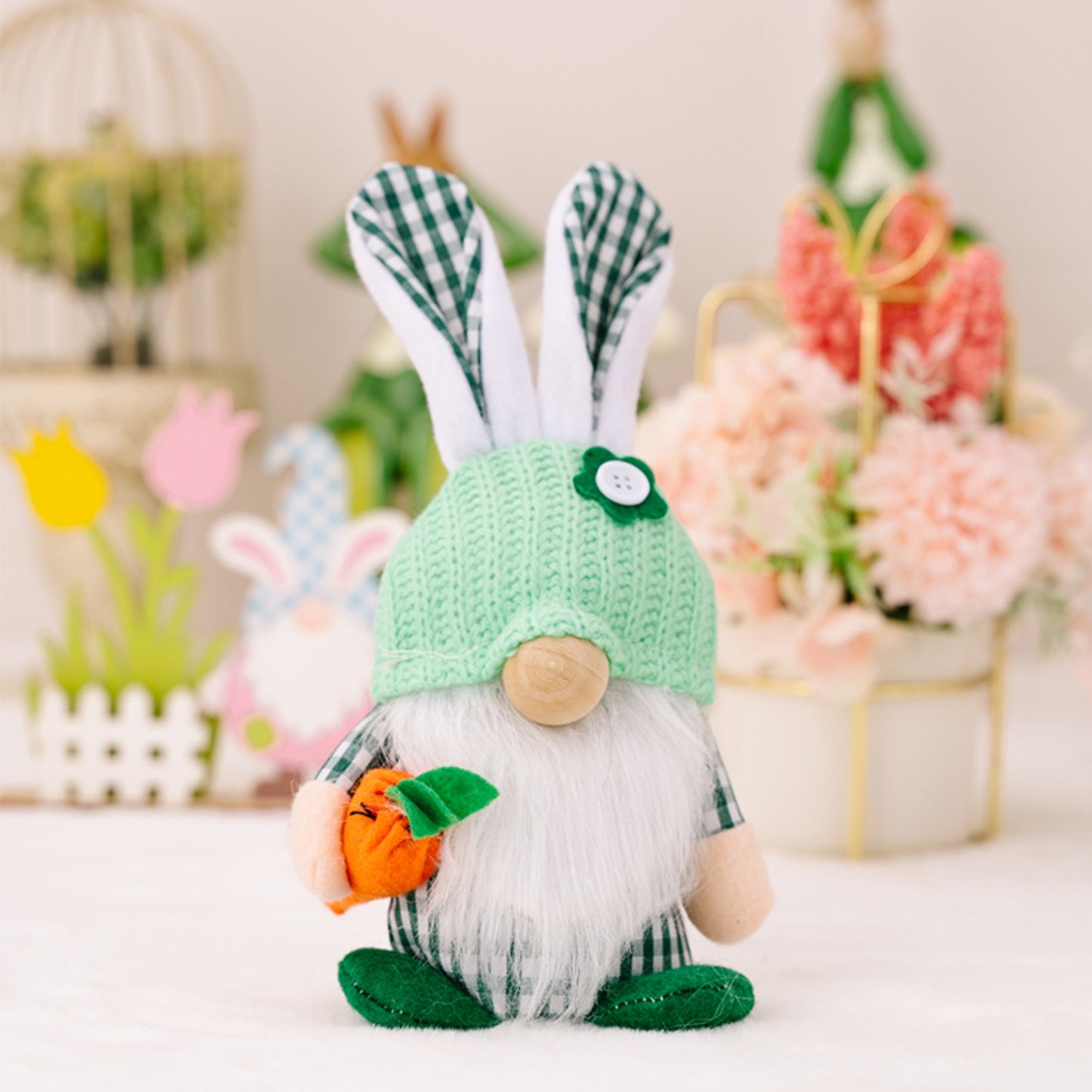 Easter Plaid Knitted Hat Faceless Doll with Rabbit Ears Light Green One Size