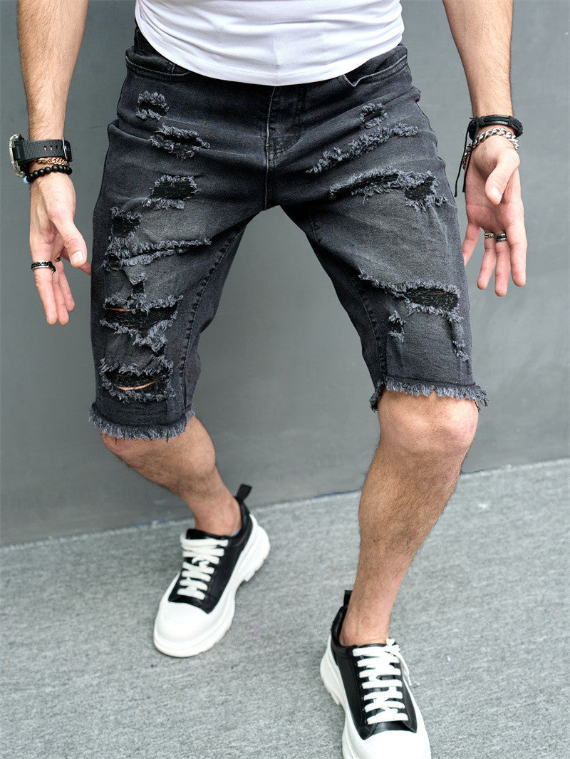 New Men's Five-point Slim Fit Skinny Scrape Denim Shorts