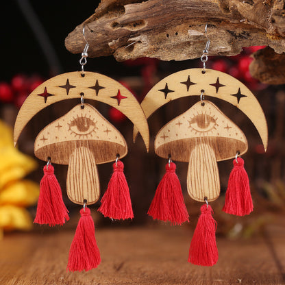 Moon & Mushroom Tassel Detail Dangle Earrings Red One Size