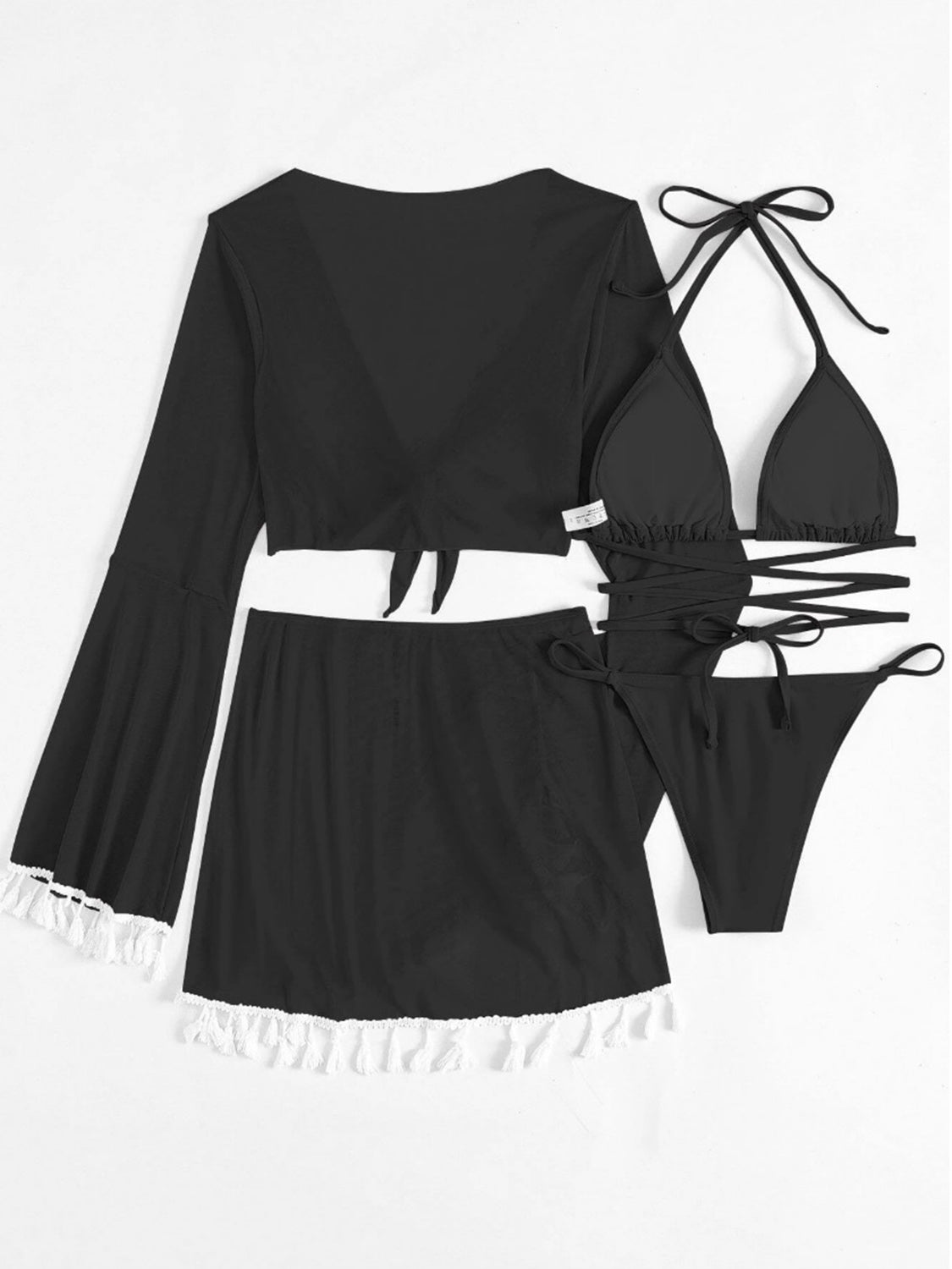 Halter Neck Bra, Bottom, Tassel Flare Sleeve Cover-Up and Skirt Four-Piece Swim Set - Thandynie