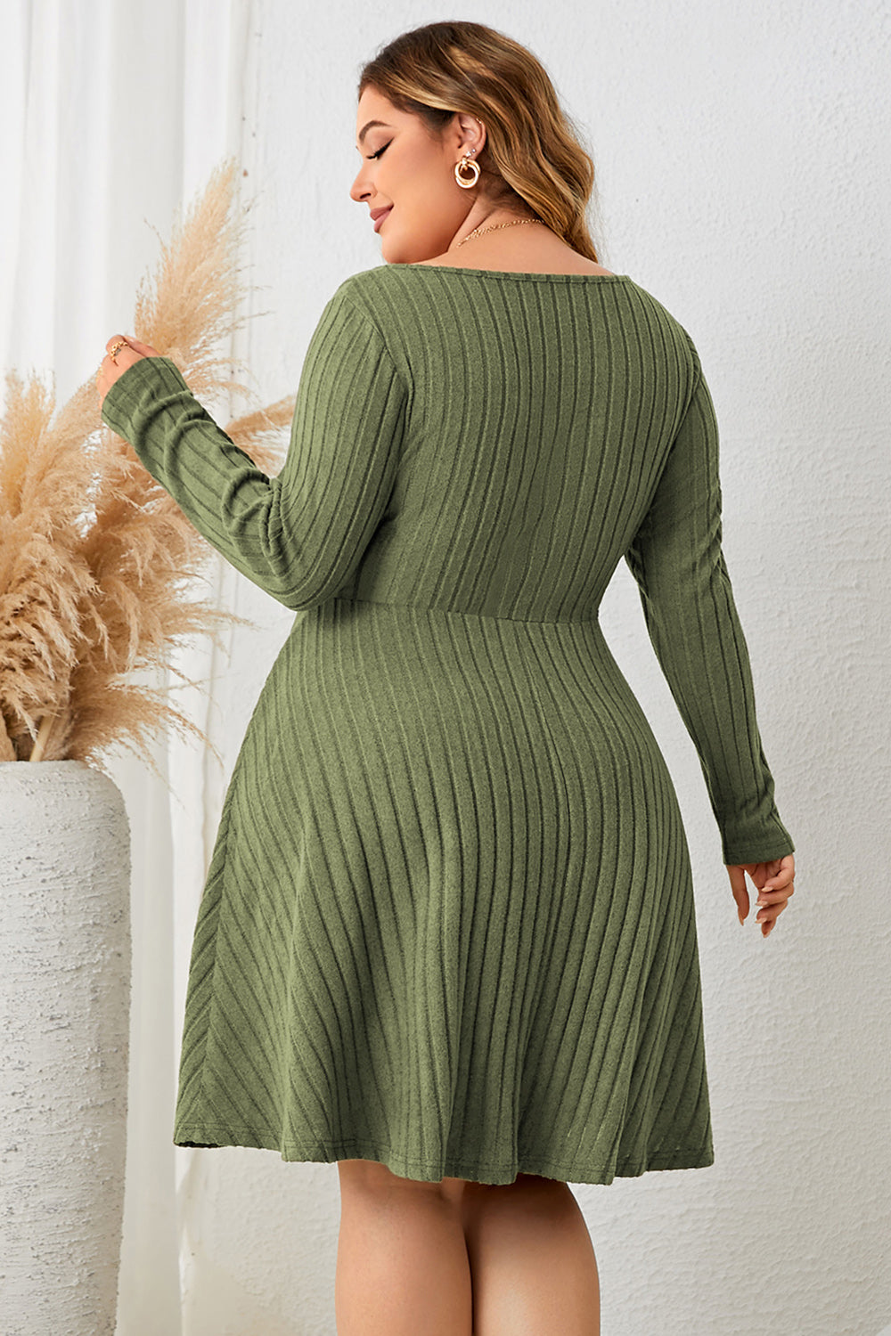 Plus Size Sweetheart Neck Long Sleeve Ribbed Dress - Thandynie