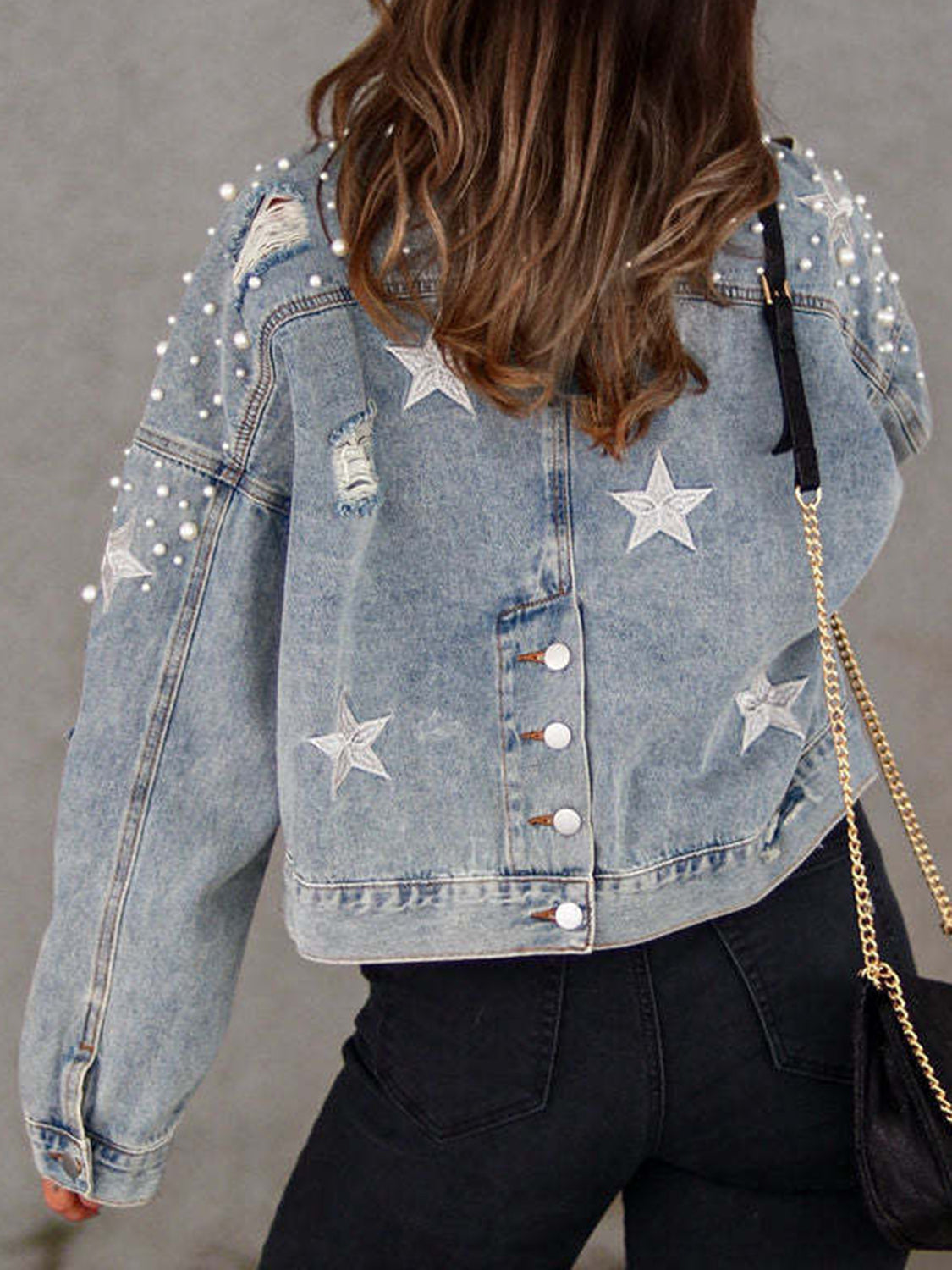 Pearl Trim Button Up Denim Jacket with Pockets - Thandynie