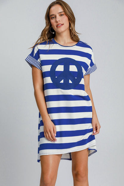 Umgee Peace Applique Striped Short Sleeve Mini Dress Royal Blue