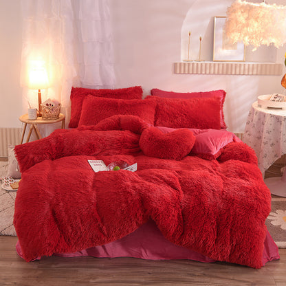 Luxury Thick Fleece Duvet Cover Queen King Winter Warm Bed Quilt Cover Pillowcase Fluffy Plush Shaggy Bedclothes Bedding Set Winter Body Keep Warm Red