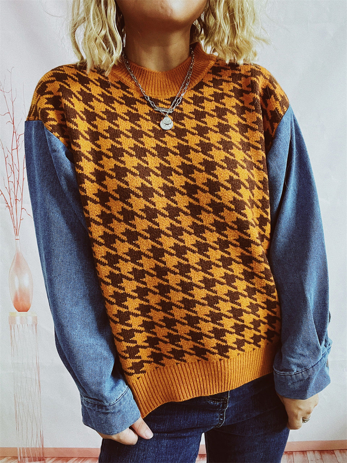 Houndstooth Denim Sleeve Sweater Caramel