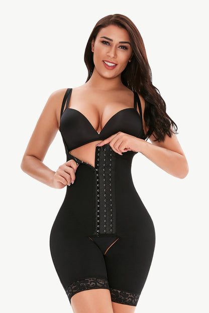 Full Size Hook-and-Eye Lace Trim Shaping Bodysuit Black