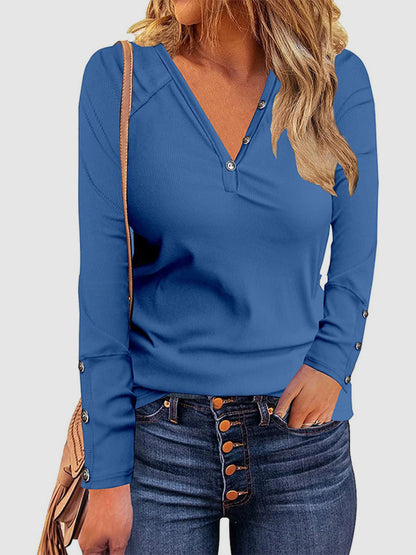 Decorative Button V-Neck Long Sleeve T-Shirt Dark Blue