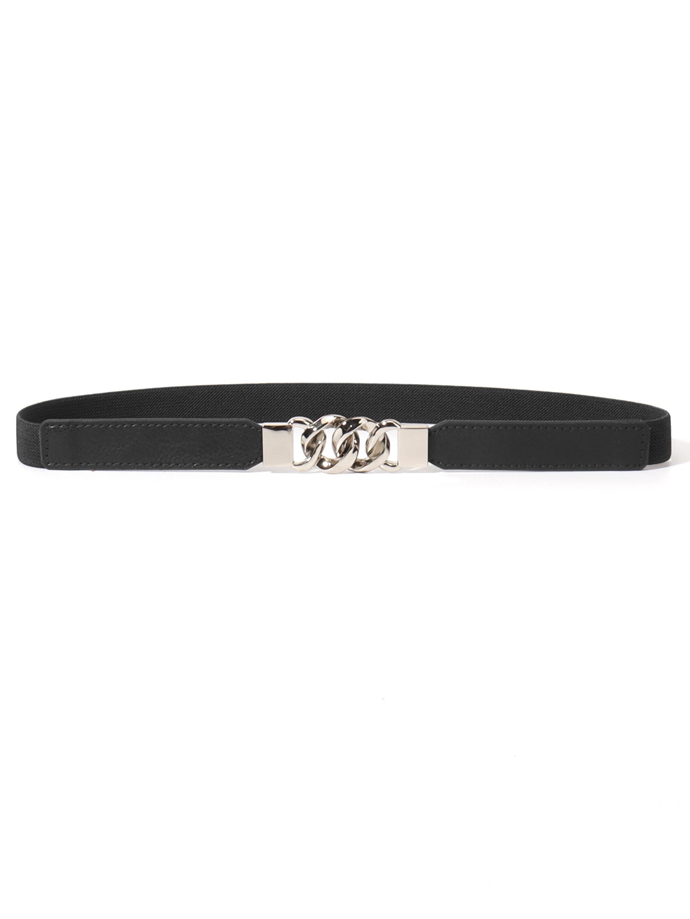 Zinc Alloy Buckle Elastic PU Belt Black Silver One Size