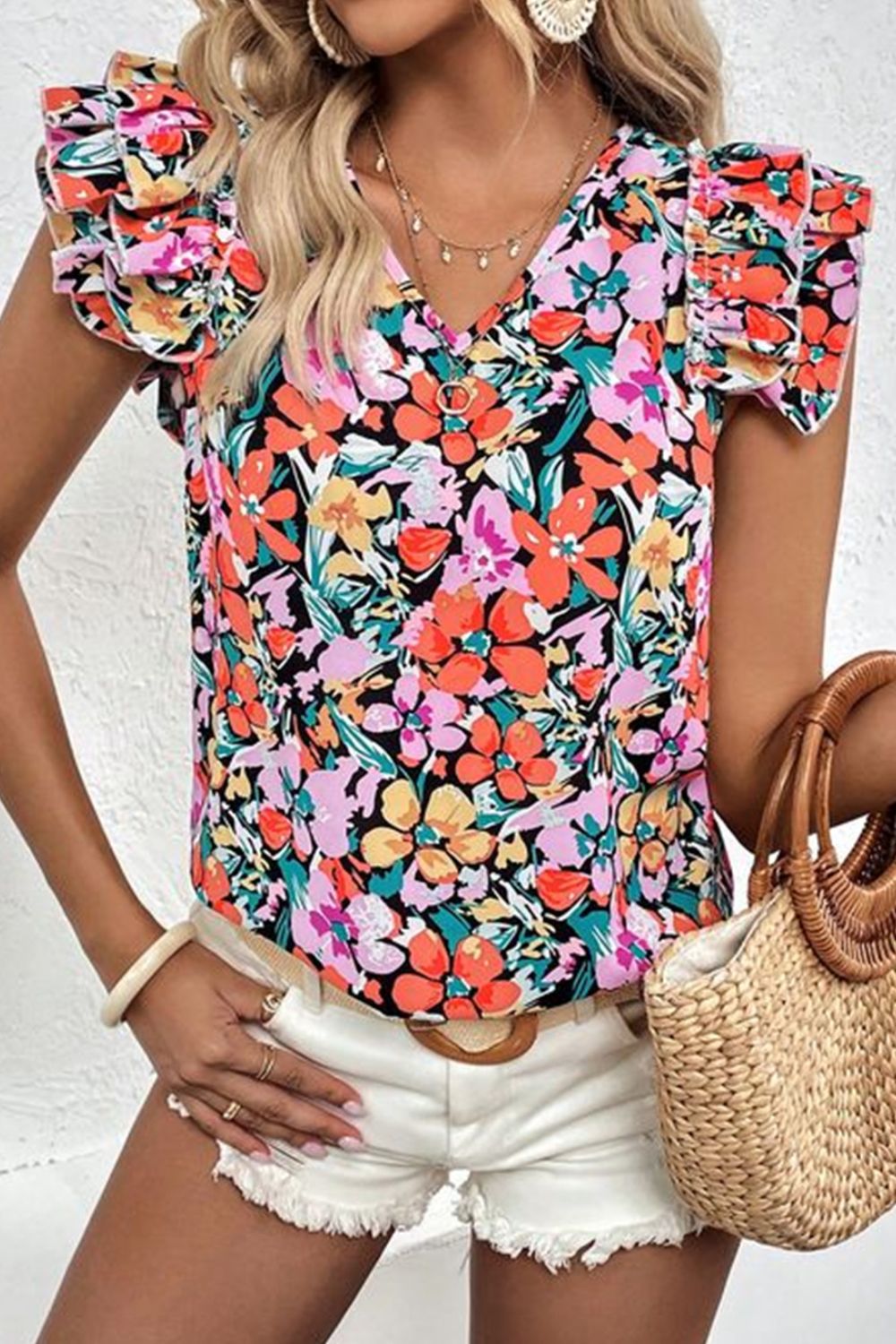 Ruffled Printed V-Neck Cap Sleeve Blouse Floral