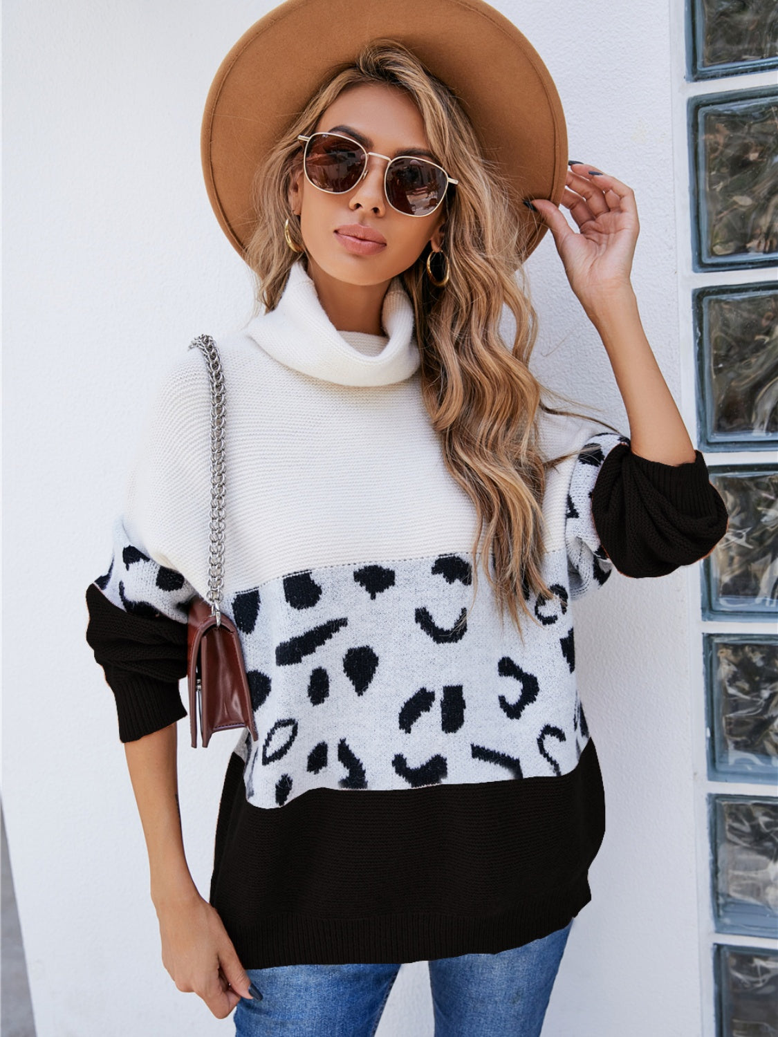 Leopard Color Block Turtleneck Sweater