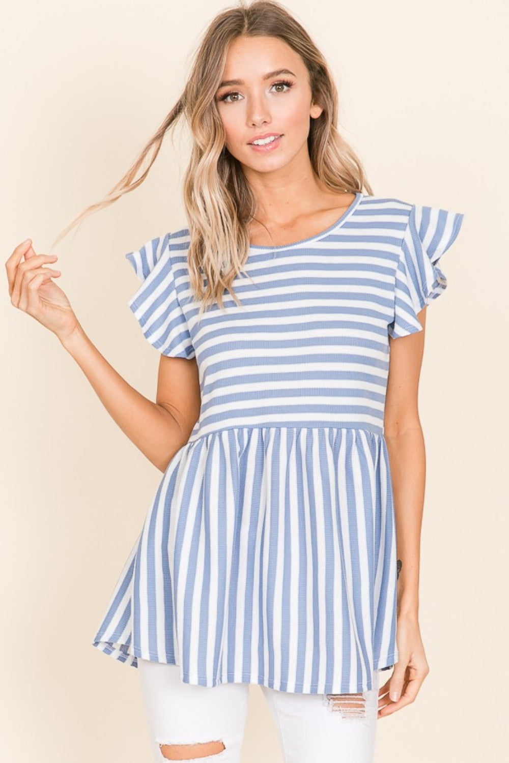 BOMBOM Striped Round Neck Blouse Blue