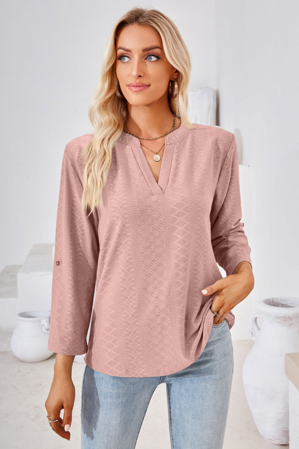 V-Neck Roll-Tap Sleeve Blouse Dusty Pink