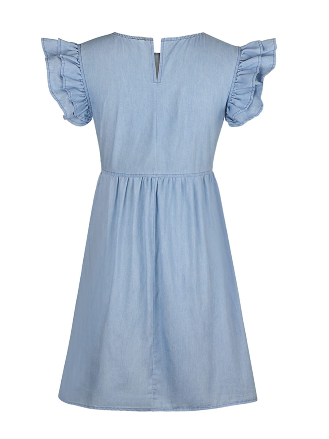 Full Size Ruffled Round Neck Cap Sleeve Denim Dress - Thandynie