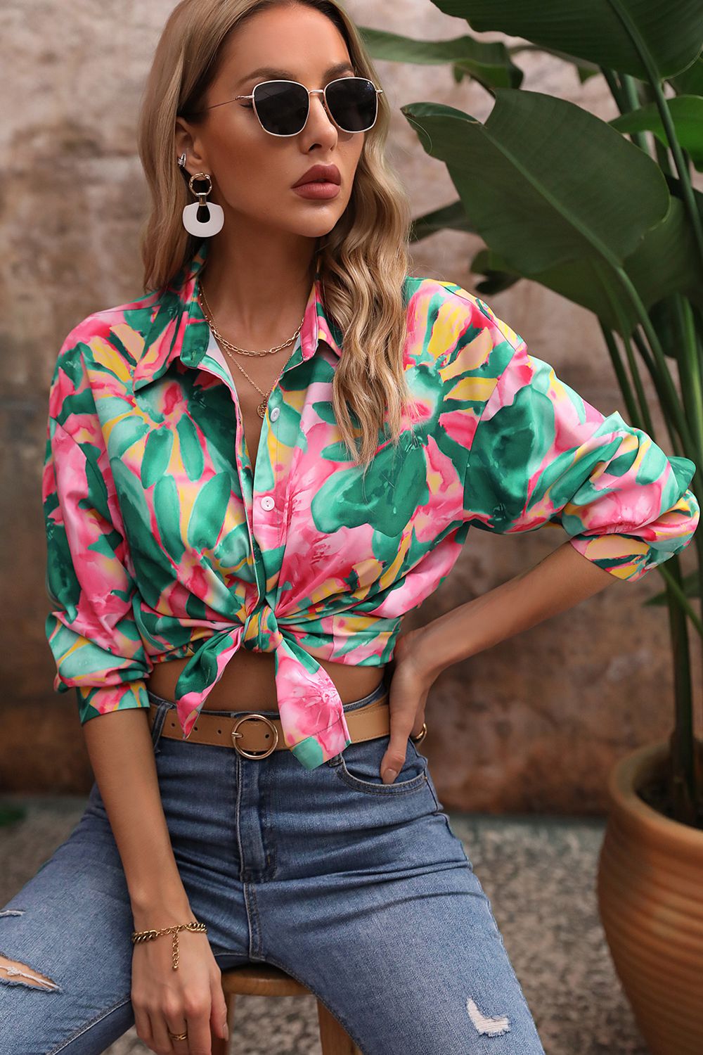 Floral Print Collared Neck Long Sleeve Shirt - Thandynie