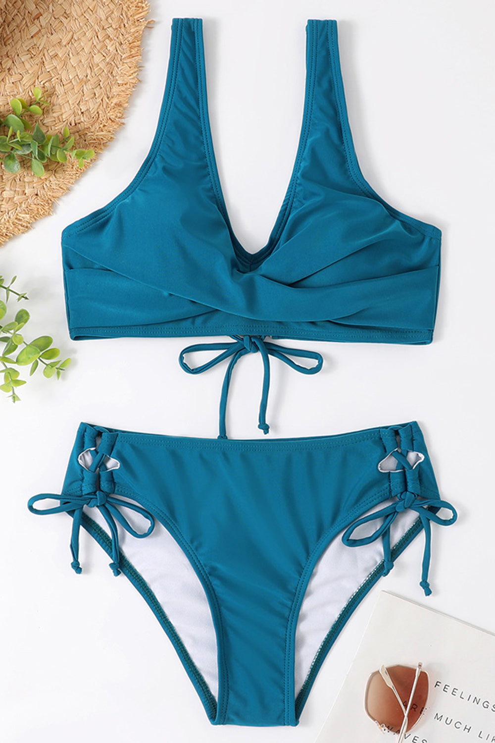 Ruched Lace-Up Wide Strap Two-Piece Bikini Set Dark Blue