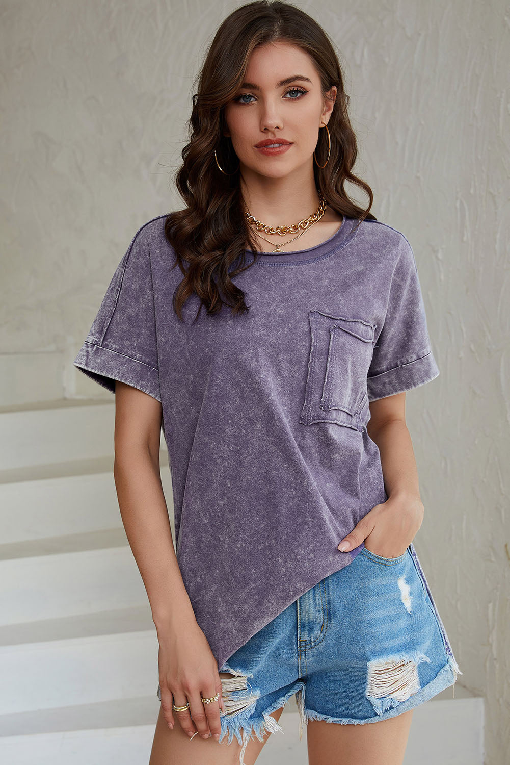 Mineral Wash Round Neck Short Sleeve Blouse Mauve