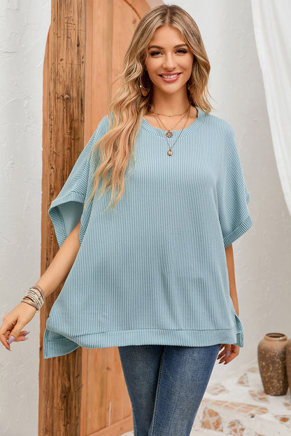 Sky Blue Ribbed Knit Batwing Sleeve Tunic Oversized T Shirt