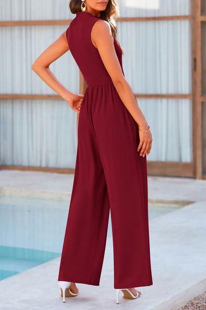 Mock Neck Sleeveless Wide Leg Jumpsuit Burgundy