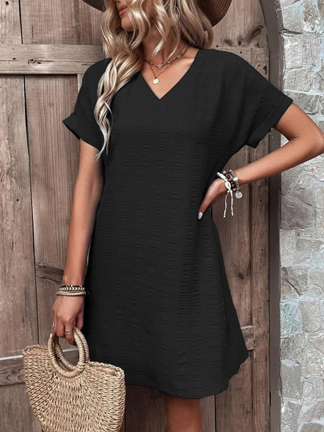 Full Size V-Neck Short Sleeve Mini Dress Black