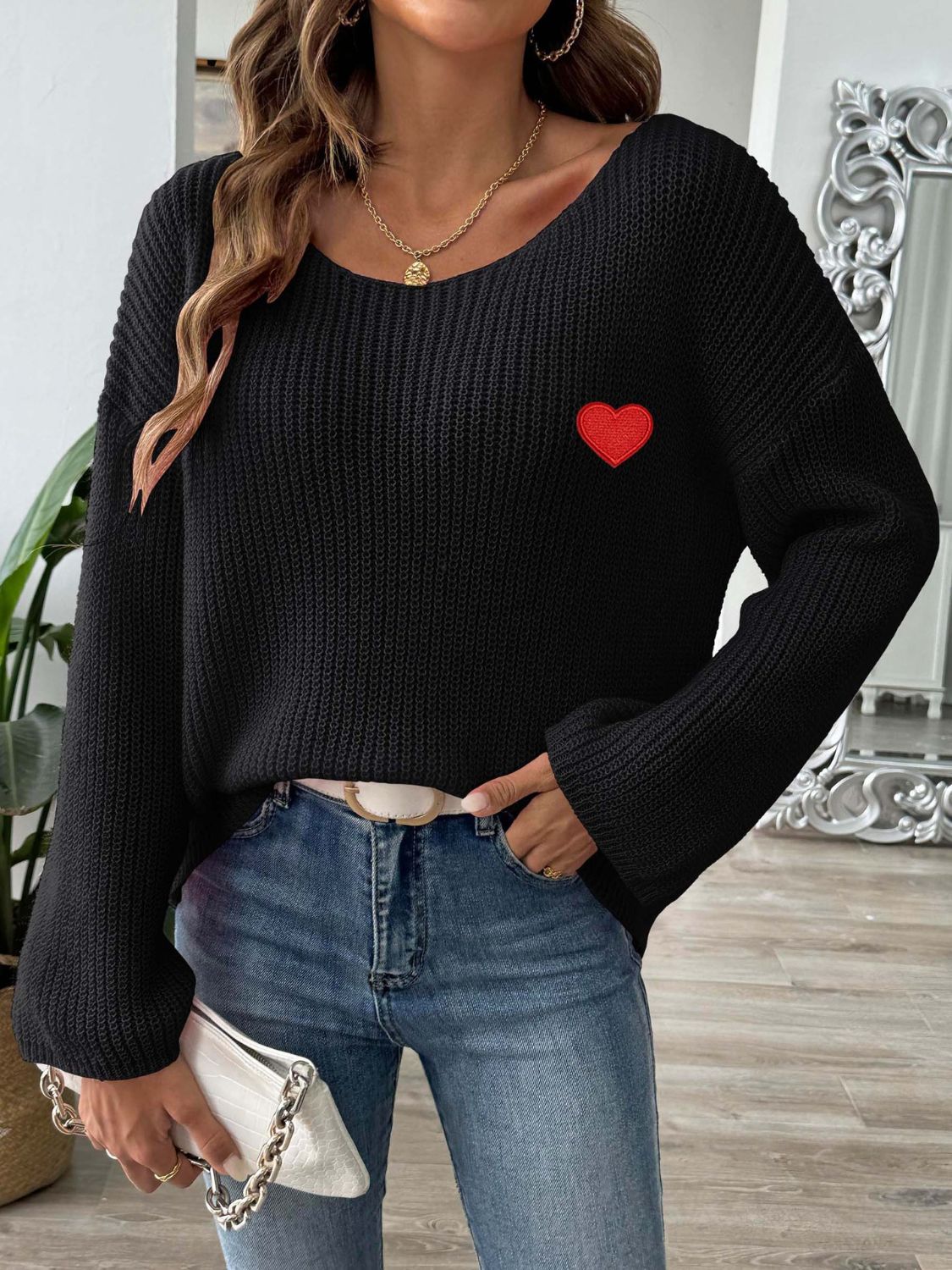 Heart Boat Neck Dropped Shoulder Sweater Black