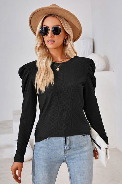 Round Neck Puff Sleeve Blouse Black