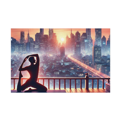 Yoga Poster, Cityscape Sunset Art, Rolled Wall Art, Pink Orange Skyline Decor, Urban Zen Meditation, Rooftop Exercise Print, Relaxation Gift 34" x 22" (Horizontal) Fine Art