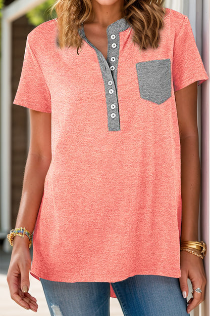 Full Size Half Button Short Sleeve T-Shirt | Casual Comfort with Pocket & Button Detail