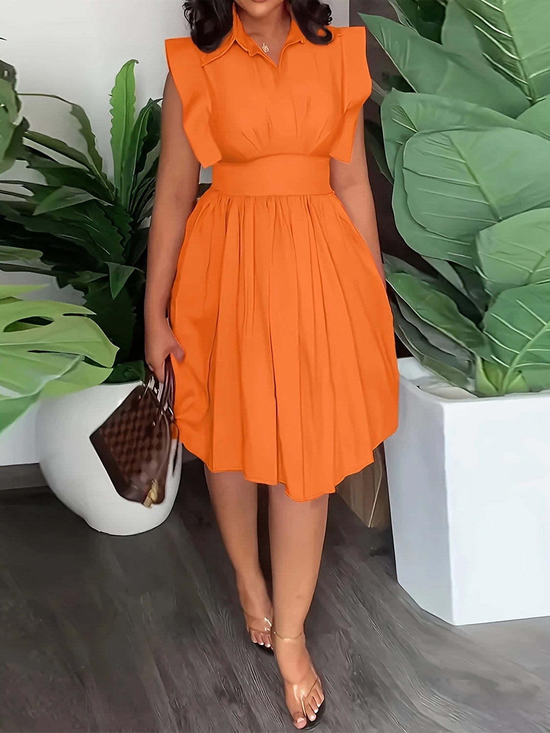 Plus Size Ruffled Collared Neck Cap Sleeve Dress Orange