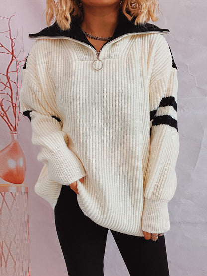 Ribbed Two-Tone Half Zip Sweater White