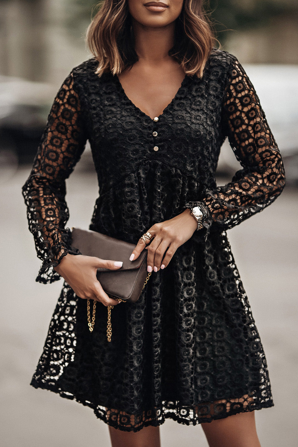 Buttoned Empire Waist Lace Dress Black