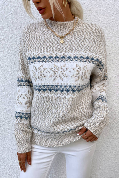 Snowflake Pattern Mock Neck Sweater Sand