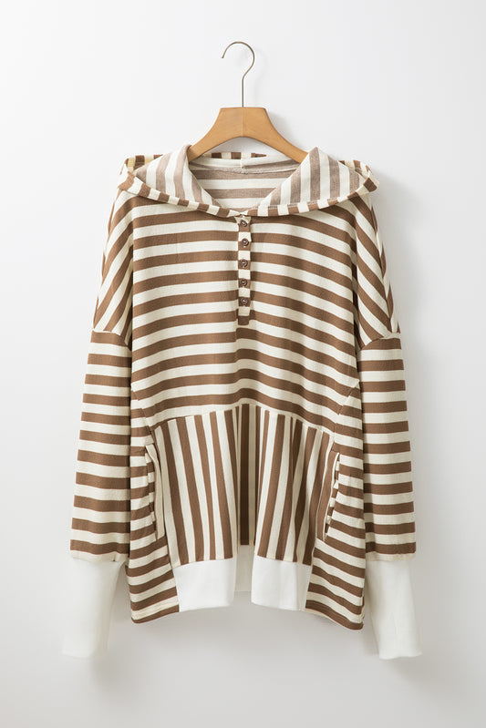 Brown Stripe Quarter Buttons Drop Sleeve Plus Size Hoodie Brown Stripe 65%Polyester+30%Cotton+5%Elastane