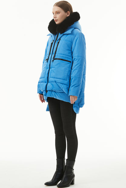 Blue Plush Linen Zip Up Hooded Puffer Coat