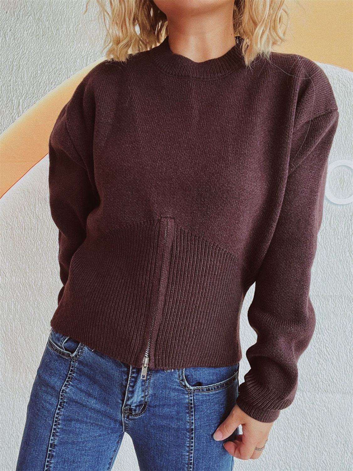 Round Neck Half Zip Long Sleeve Sweater Chocolate One Size