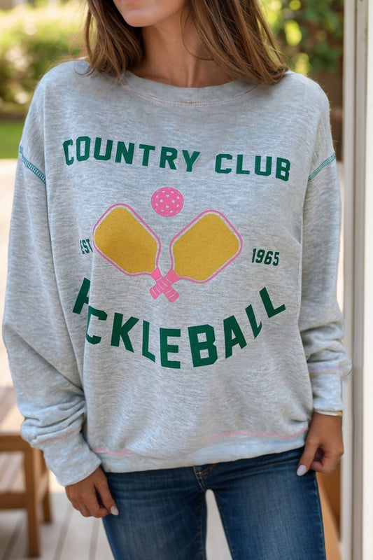 Pickleball Round Neck Dropped Shoulder Sweatshirt Gray